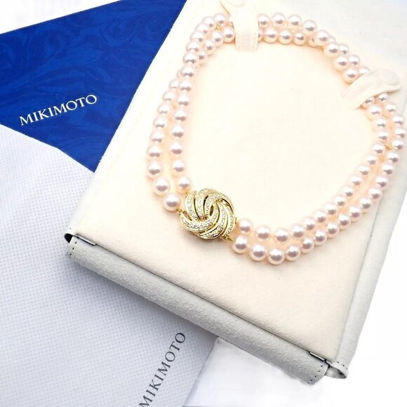 Authentic! Mikimoto 18k Yellow Gold Diamond Double Strand 8mm Pearl Necklace - Picture 5 of 16